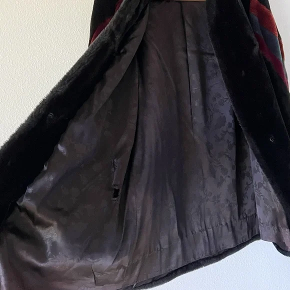 Vintage 80s Black Faux Fur Teddy Coat Colorblock Stripe Size Medium - Picture 7 of 12
